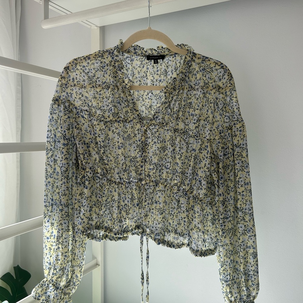 Dynamite small Floral Sheer Blouse - Blue and Yellow